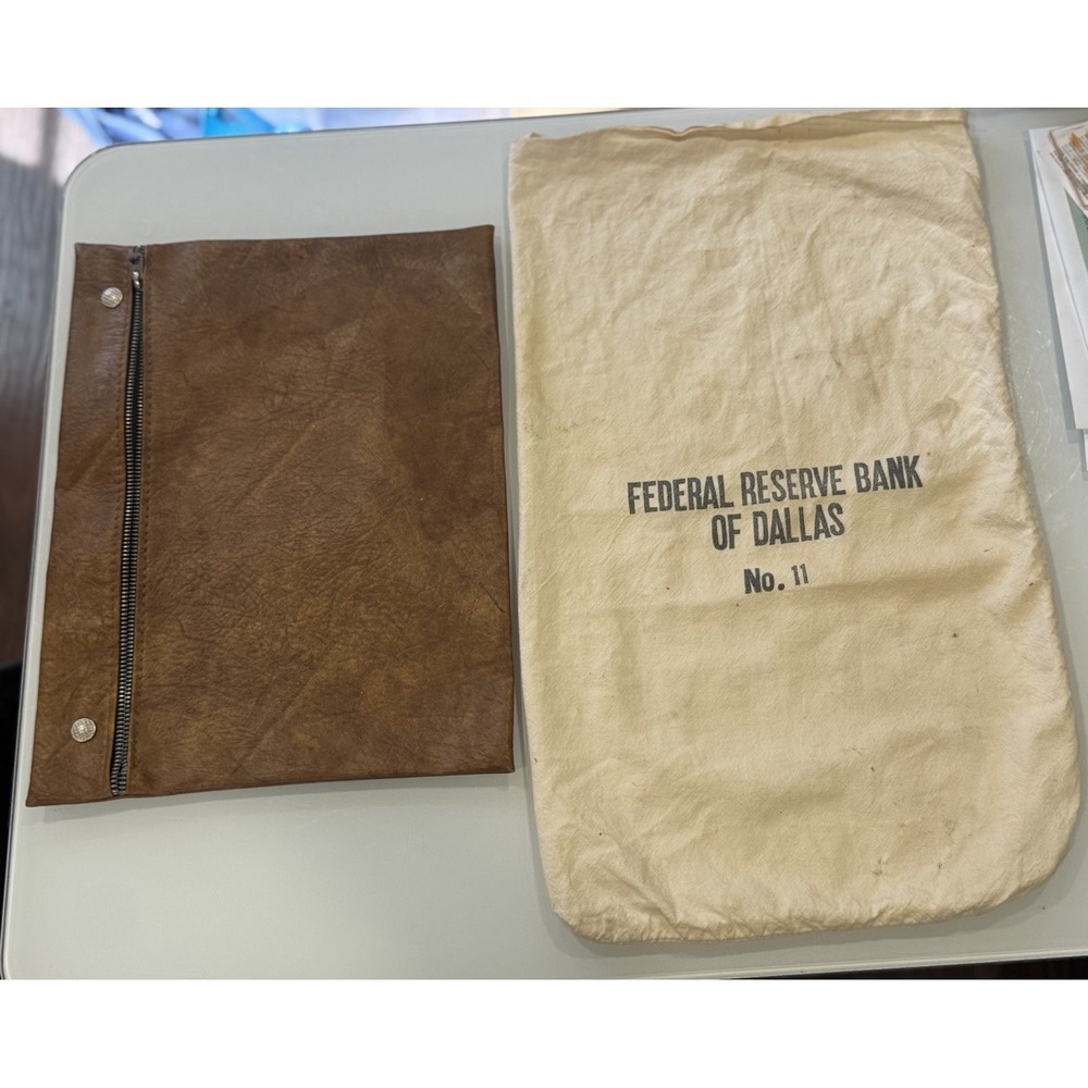 Vintage Canvas Money Bag & Leather Pouch Federal Reserve Bank Of Dallas No. 11